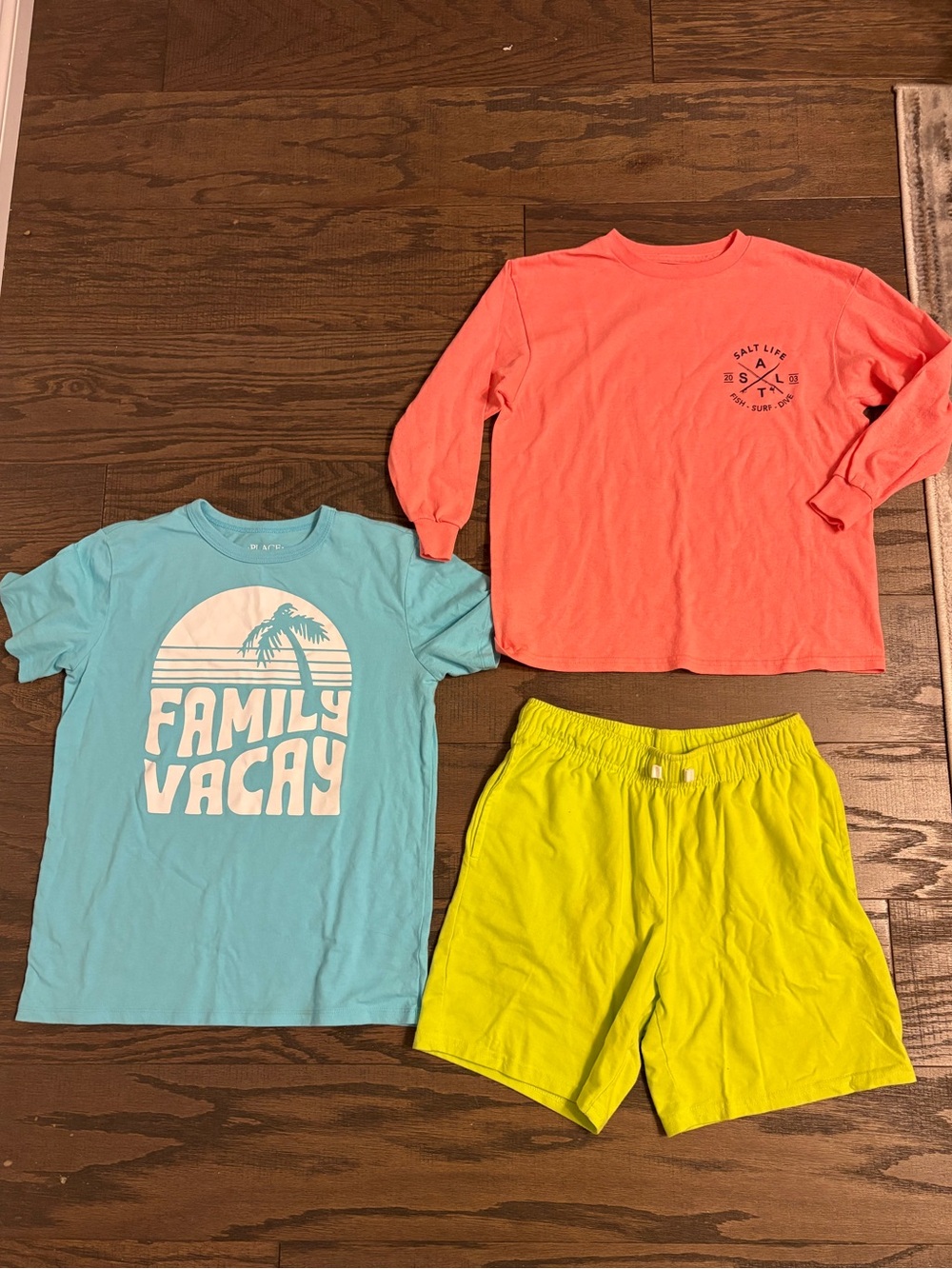 Salt Life Kids Coral Long Sleeve, Blue Graphic Tee & Neon Yellow Shorts Set